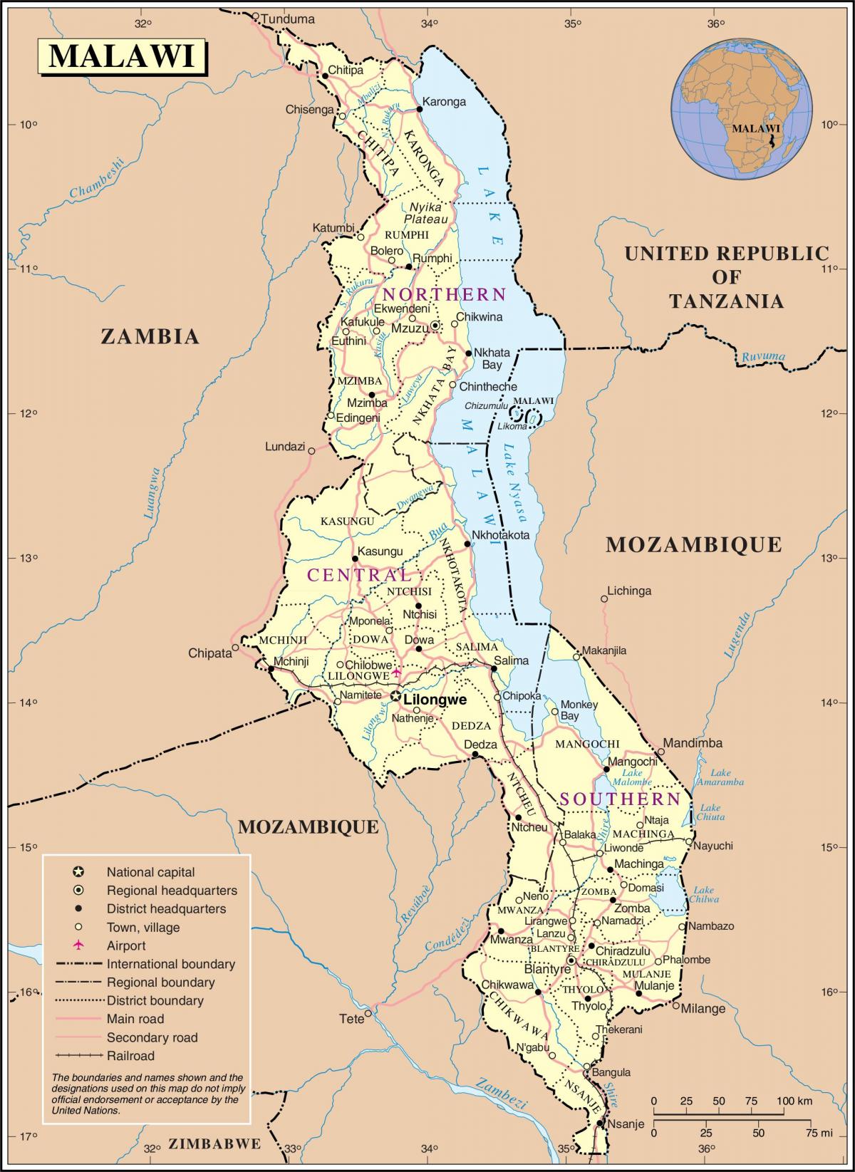 карта на Малави с участието на пътища