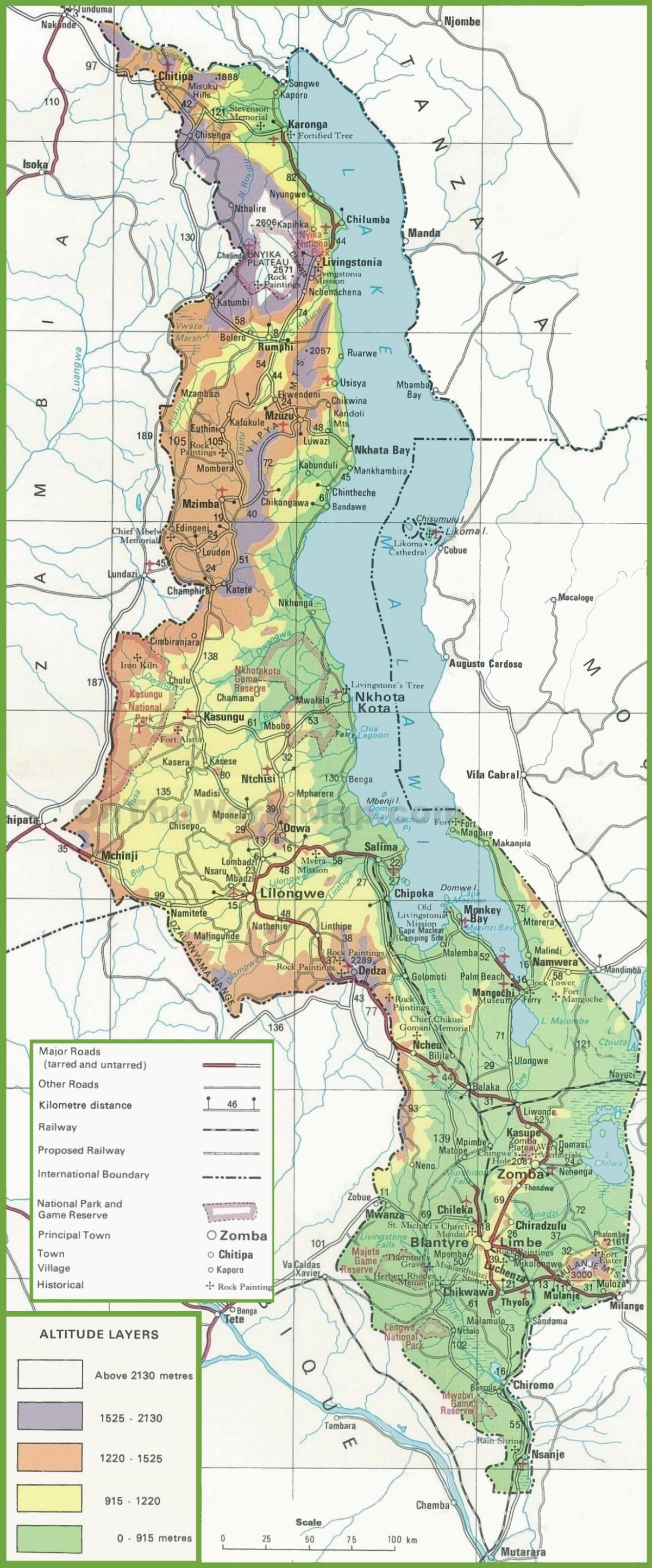 карта на физическа карта на Малави