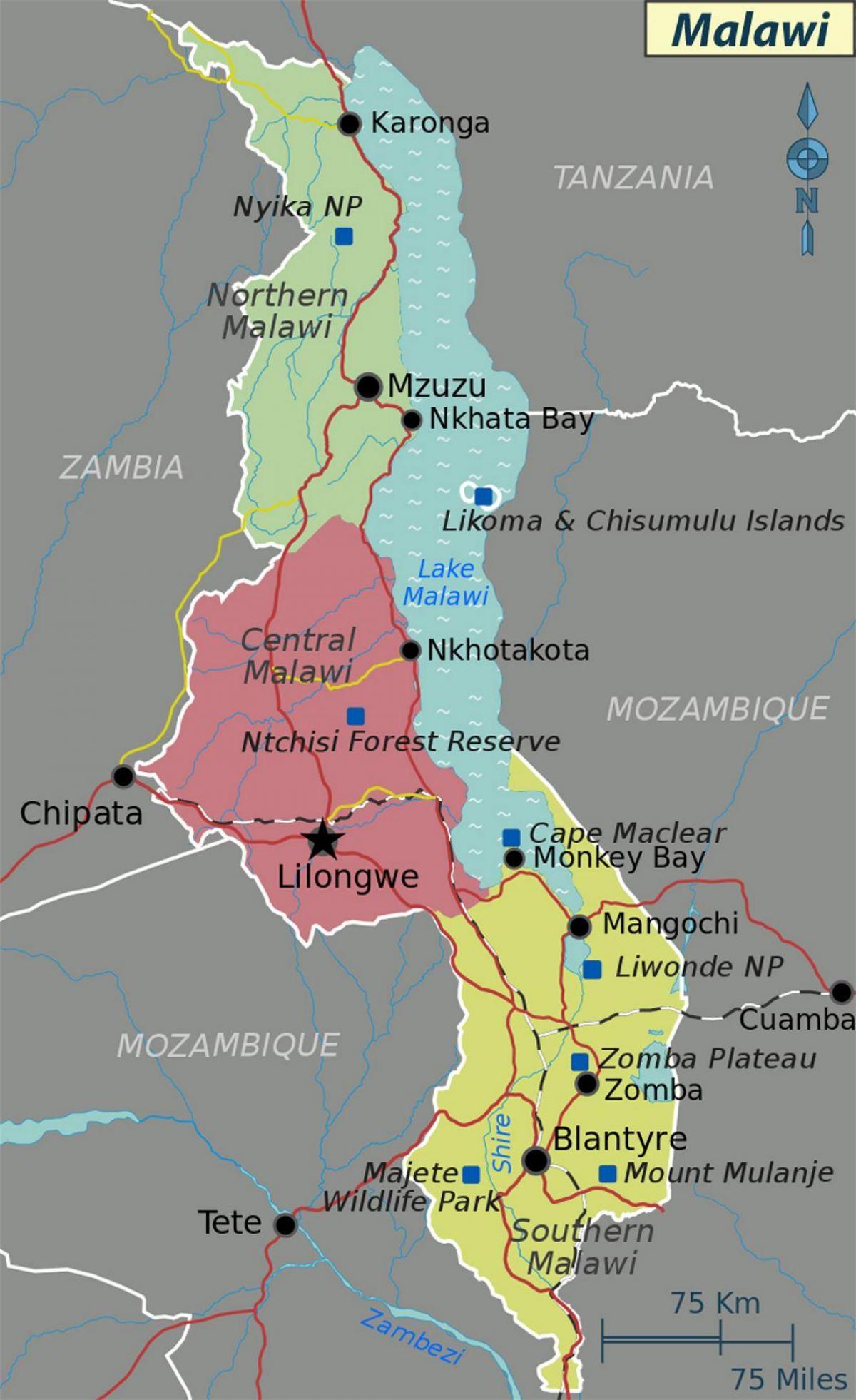 карта на езерото Малави в Африка